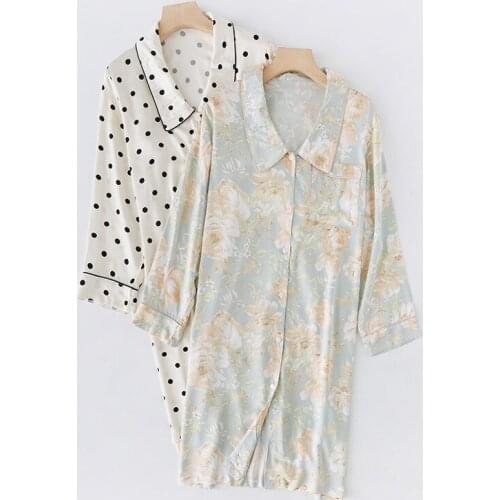 2021 Ladies Autumn Long Sleeves Nightgowns Satin Thin Pointed Collar Skirt Black Wave Dot Print Sexy Sleepwear Women Sleep Dress