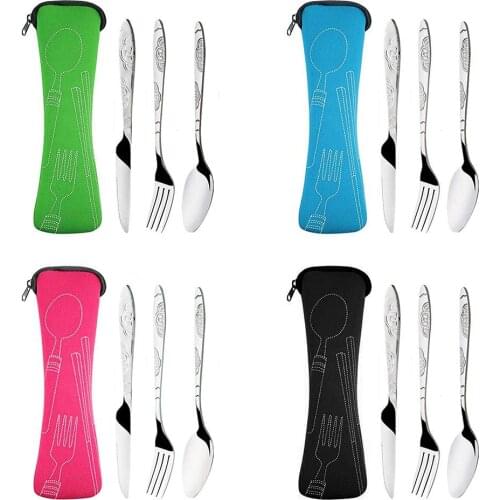 3pcs Set Dinnerware Portable Printed Stainless Steel Spoon Fork Steak Knife Set Travel Cutlery Tableware with Bag