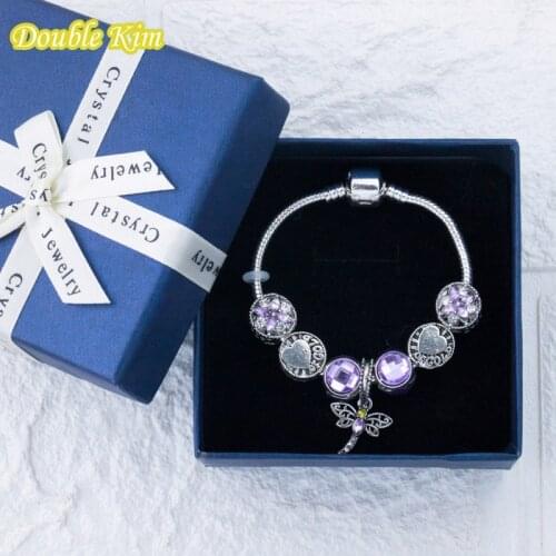 Charm Bracelet Alloy Zircon Crystal Purple Dragonfly Pendant Fit Original Bracelets Bangle Fashion Europe Pulseras Jewellery