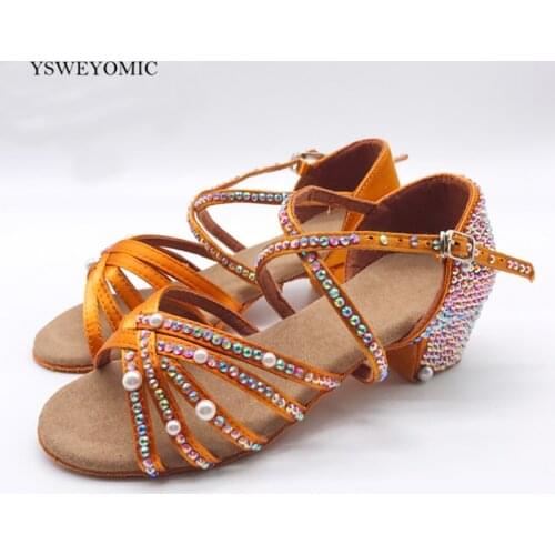 Child Latin Dance Shoes low heel3cm Crystal Tan Satin Suede Outsole indoor Practise Competitive Salsa Latin Dance Shoes For Girl