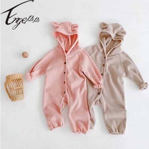 Engepapa Autumn Baby Boy Girl Cute Bear Ears Romper Hooded Long Sleeves Jumpsuit Pure Color Causal Toddler Baby Clothes