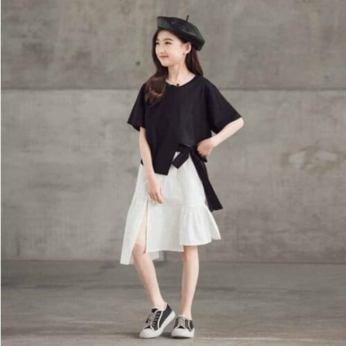 Cultiseed Girls Summer Lacing Up Bow T-Shirt+Irregular Ruffles Dress 2pc Sets Clothing Big Children Students New Casual Gowns