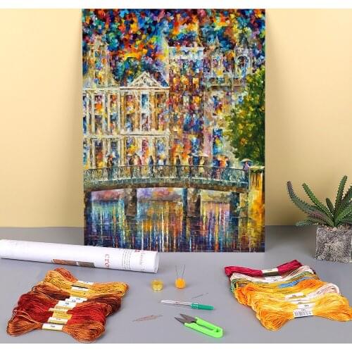 On The Bridge In Amsterdam Printed Fabric 11CT Cross Stitch Embroidery Patterns DMC Threads Handiwork Knitting Wholesale
