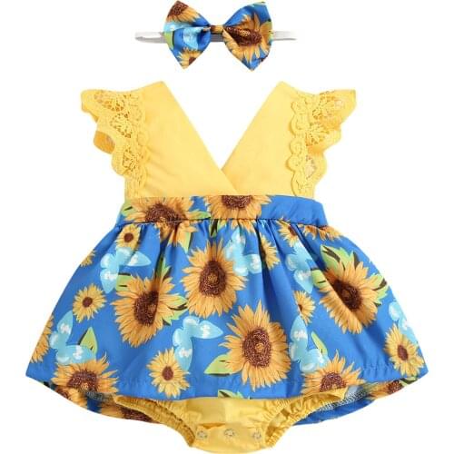New Baby Sunflower Print Clothes Set, Girls Sleeveless V-neck Jumpsuit with Lace+ Bow-knot Headband