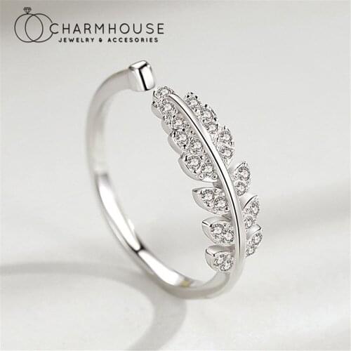 Engagement Rings For Women Sterling Silver Cubic Zircon Leaf Finger Ring Adjustable Bague Femme Anillos Wedding Bridal Jewelry
