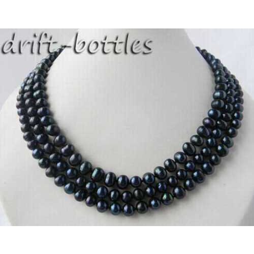 3Strands 8mm Black Round Freshwater Pearl Necklace