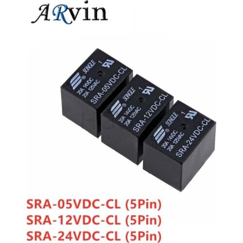 5Pcs 5V 12V 24V 20A DC Power Relay SRA-05VDC-CL SRA-12VDC-CL SRA-24VDC-CL 5Pin PCB Type In Stock Black Automobile Relay