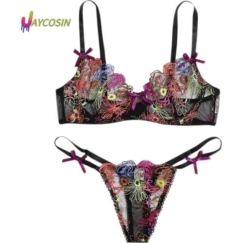 Sexy Lingerie Perspective Sexy Blak Underwear Set Women Gauze Embroidery Bra Thong Lingerie Underwear Pajamas Outfit Fashion