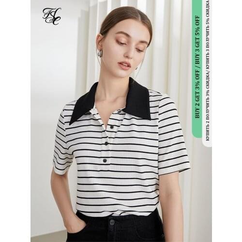 FANSILANEN Office Lady Boyfriend Striped T-shirt Womens Summer 2021 Thin Polo Neck Knit French Short Sleeve Letter Print Top