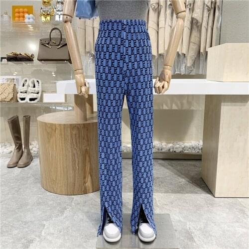 2021 Summer High Waist Split Hem Letter Printed Wide Leg Pants For Women Casual Floor Length Vintage Streetwear Trouser Feme