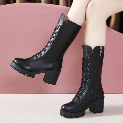 Thight High Boots Women Thick Sole High Heel Boots Platform Womens Shoes Black Winter Long Motorcycle Boots Woman Wedge Shoes