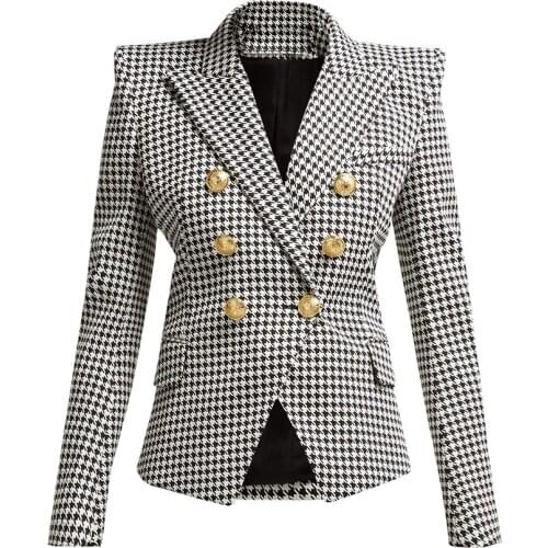QUALITY New HIGH Fashion 2021 Designer Blazer Womens Long Sleeve Metal Lion Buttons Houndstooth Print Blazer Jacket
