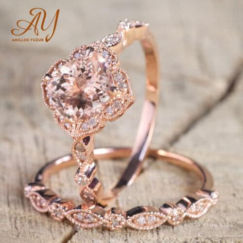High-quality 925 Silver 2 Pieces Rose Gold Flower Ring Pink Crystal Rings For Women Lover Wedding Jewelry Party Gift