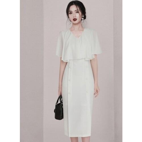 2021 Office OL Work Dress Women Summer Sexy V neck Cloak Sleeve Midi Dress Casual Ruffles Party Long Vestidos