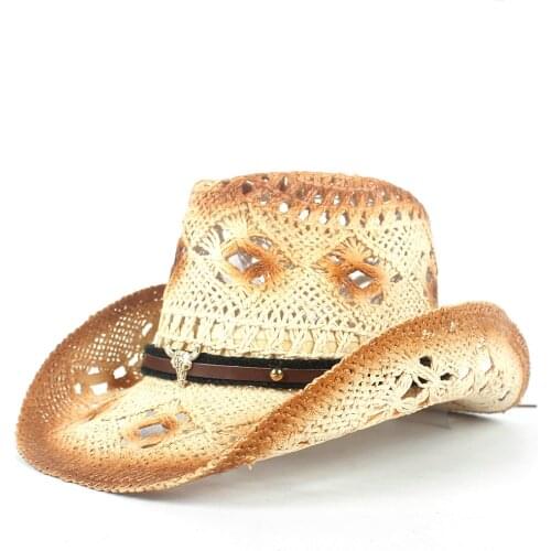 2019 Women Men Straw Hollow Western Cowboy Hat Lady Handmade Sombrero Hombre Beach Cowgirl Jazz Sun Hat Size 56-58CM