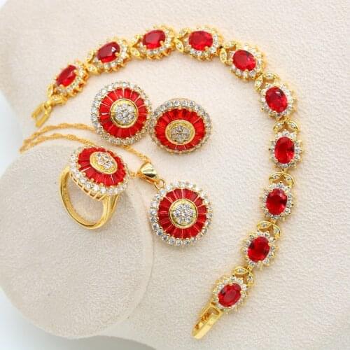 2021 Red Stones Gold Color Bridal Jewelry Set for Women Bracelet Stud Earrings Necklace Pendant Ring Green Birthday Gift