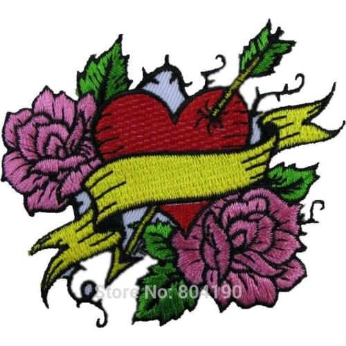 TATTOO HEART & ROSES BIKER VEST PATCH IRON ON Punk Rockabilly Heavy Metal wholesale embroidery