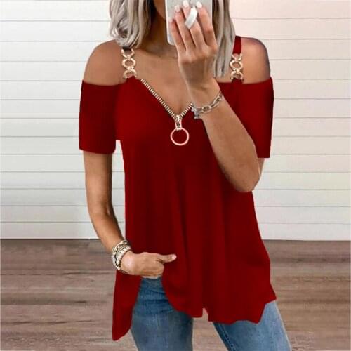 Plus Size 5XL 2021 Womens Summer Fashion Chain Cold Shoulder Plain Black Short Sleeve Blouse Zip Front Top Casual T-shirt