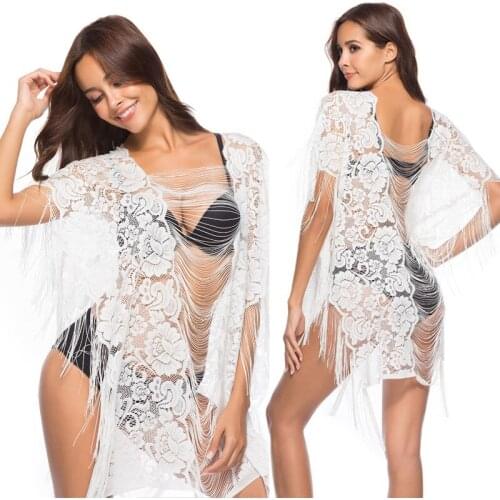 BYUAN 2018 Women Dress Loose Lace Hollow Out Dress Summer Tassel Sexy See-through Beach Dress Bikini Beachwear Dresses