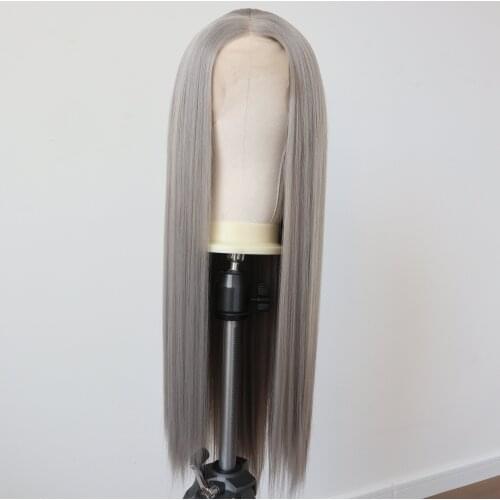 Long Straight Grey Synthetic Wigs for Women Heat Resistant Fiber Hair Gray Wig Synthetic Lace Front Wig