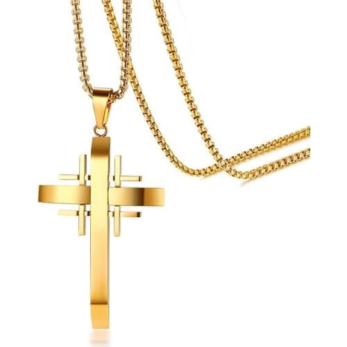 Classic Men Chain Christian Jewelry Gifts Vintage Cross Crucifix Jesus Piece Pendant & Necklace Gold Color Stainless Steel