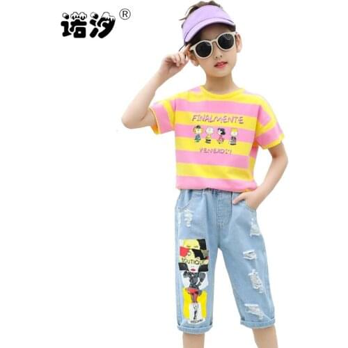 Girls clothes sets kids summer cotton t shirt+pant 2pcs baby girl jeans teenage jeans cartoon children fashionable clothing sets