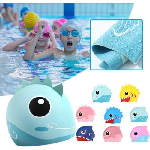 Cartoon Children Swimming Cap Shark Children Silicone Kids Swimming Pool Hat Waterproof Ears Boys And Girls Swim Equipment