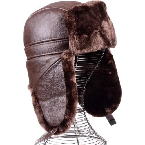RY977 Men Winter Thick-insulated Genuine Leather Warm Faux Fur Bomber Hats Male Old Dad Ear Protector Motorcycle Brown Bonnet