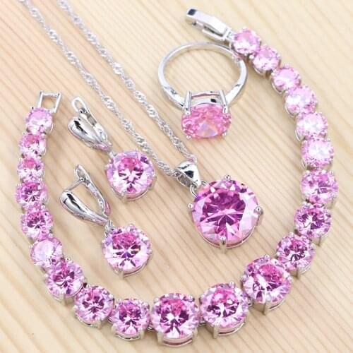 925 Silver Bridal Jewelry Kit Pink Cubic Zirconia Jewelry Sets For Women Earring/Pendant/Necklace/Bracelet/Ring