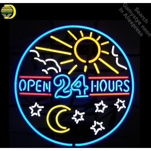 Neon Signs for OPEN 24 hours Neon Bulbs sign Sun and Moon Real Glass Tube Decorate Wall neon light maker Signboard dropshipping