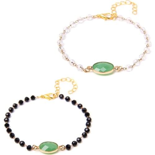 Natural Faceted White Crystal Black Agat Beads Bracelets Women Gold Chain Adjustable Bangle Green Aventurine Stone Pulsera Femme