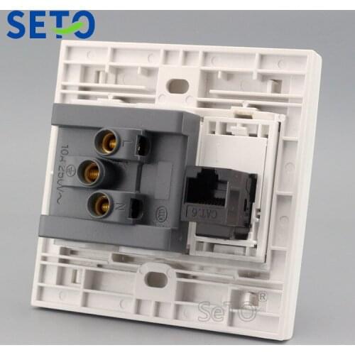 SeTo 86 Type RJ45 Cat6 Network Lan + Five Hole Power Socket Wall Plate Socket Keystone Faceplate