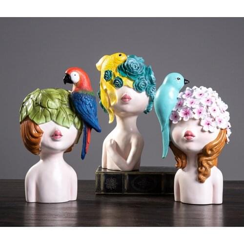 Nordic Ins Fashion Resin Birds Girls Cute Figurines Statue Home Room Accessories Desktop Ornament Crafts Wedding Gift Decoration