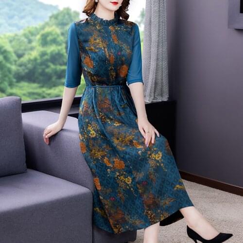 2021 Vintage Real Silk Elegant Blue Floral Midi Dress Summer Casual Print 4XL Plus Size Long Dress Women Bodycon Party Vestidos