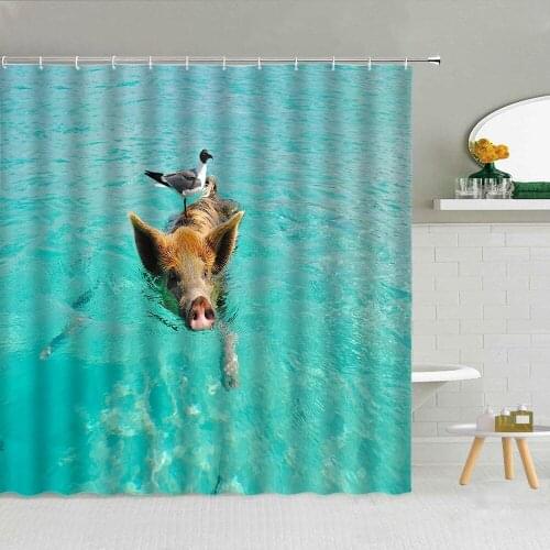 Pig Bird Funny Swimming InThe Sea Shower Curtain Marine Life Shark Dolphin Sea Turtle Waterproof Fabric Bathroom Decor Curtains