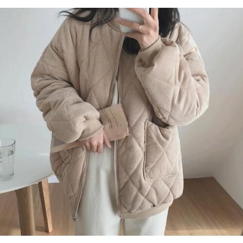 New 2021 Autumn Winter Women Jackets Vintage Puffer High-Quality Corduroy Pockets Oversize Wild Short Coat