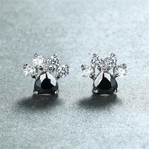 Cute Heart Zircon Cat Paw Dog Claw Black Stone Stud Earrings For Women Wedding Jewelry Vintage Fashion Silver Color Tiny Earring