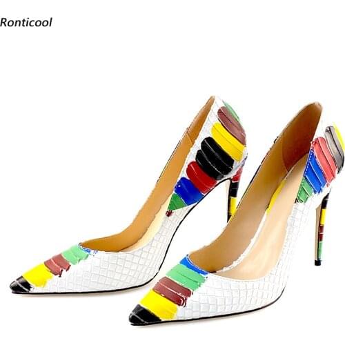 Ronticool Handmade Women Spring Graffiti Pumps 12 Cm High Heels Pointed Toe Pretty Red White Dress Shoes Women US Plus Size 5-13