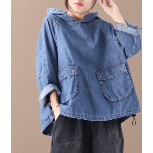 Johnature Women Denim Sweatshirts Hooded Pullover Hoodies 2021 Autumn New Blue Long Sleeve Pockets Loose Women Sweatshirts