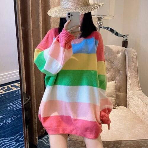 Sweet Pink Rainbow Sweater Women Long Loose Oversized Winter Tops Sweet Kawaii Girls New Korean Fashion Loose O-Neck Pullovers