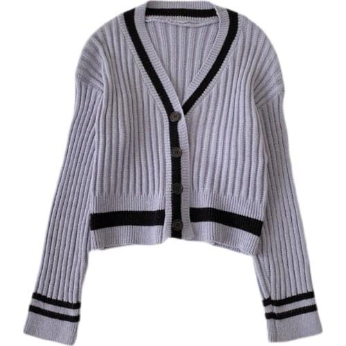 Autumn new style Korean retro hit color striped V-neck long-sleeved knitted sweater women