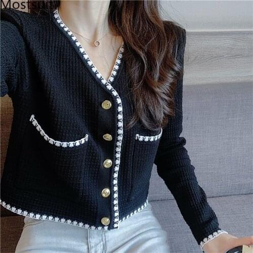 Vintage Elegant Women Cardigan Sweater V-neck Single-breasted Full Sleeve Short Tops Jumpers Femme 2021