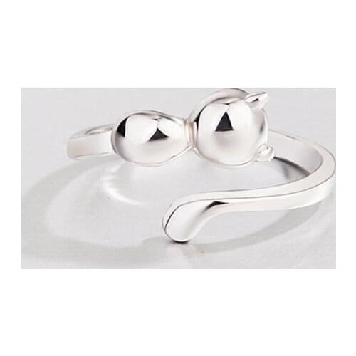 Cute Cat Korea 925 Sterling Silver Temperament Personality Fashion Female Trendy Resizable Opening Rings SRI005