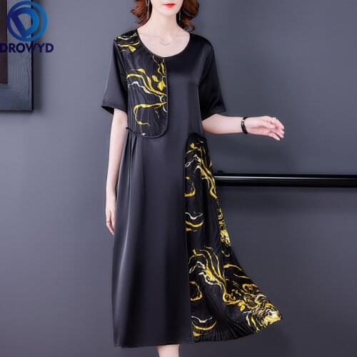 Summer Loose Patchwork Black Mulberry Silk Midi Dress 2021 Vintage Print O-neck Maxi Dress Women Elegant Bodycon Party Vestidos