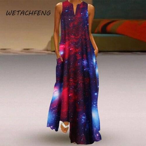 Elegant Ladies Dresses Starry Sky Printed V Neck Sleeveless Maxi Beach Sundress Plus Size Vingate Night Dress Women Clothing