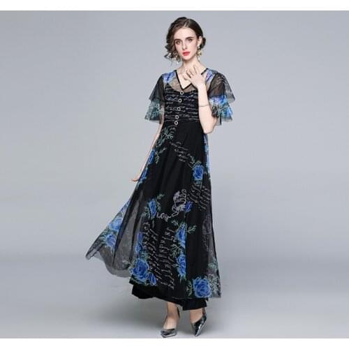 Summer Retro Women Mesh Printted Flare Sleeve V Neck Hight Waist Slim Single breasted Casual Long Dress With Lining 2 Pcs Set