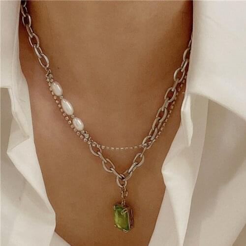 Origin Summer Vintage Double-Layer Green Geometric Rhinestone Pendant Necklace for Women Asymmetry Pearl Chain Necklace Jewelry