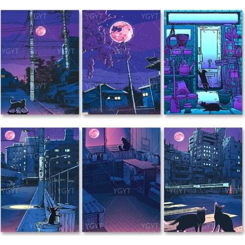 Home Decor 5D Diamond Embroidery Animal Building Painting Full Round Drill Cross Stitch Moon Cat Picture Handmade Gift Wall Art
