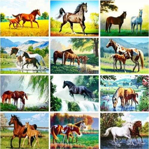 5D Diy Diamond Painting Horse Natural Grass Mosaic River Waterfall Animal Embroidery Wall Decoration Diamond Art Pictures