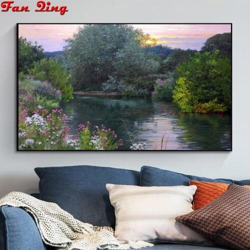 Diamond Painting Sunset over river Full Set Cross Stitch Kit Diamond Embroidery natural scenery Full Square Diamond Mosaic